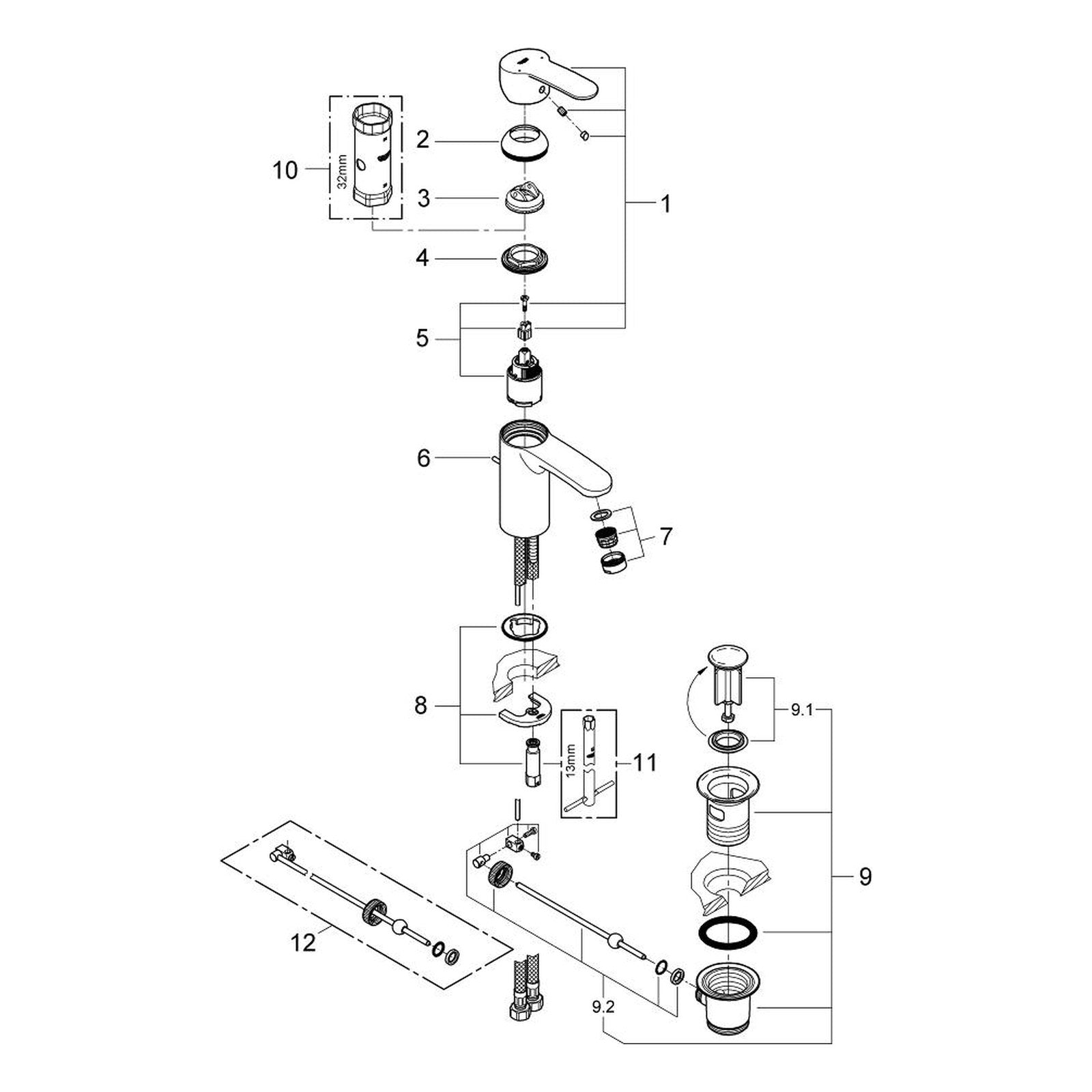 Onderdelentekening Grohe Eurostyle Cosmopolitan wastafelmengkraan S-Size 2010–2017