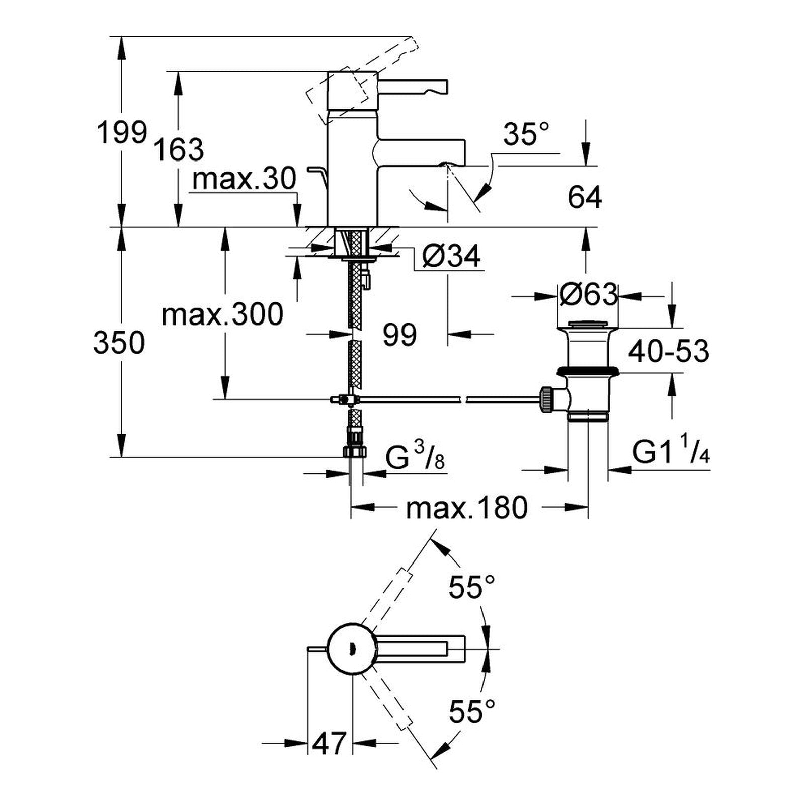 Maattekening Grohe Essence wastafelmengkraan S-Size