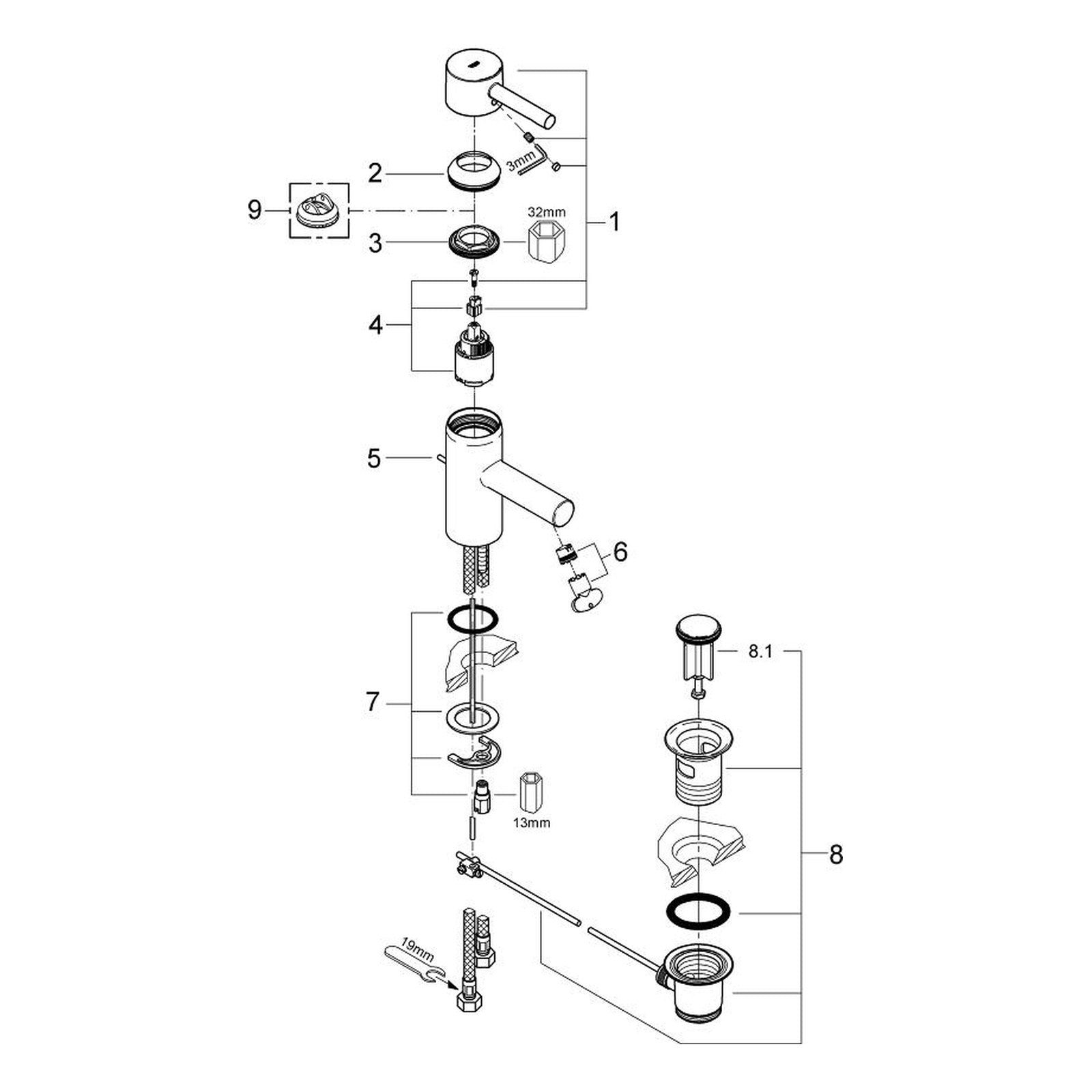 Onderdelentekening Grohe Essence wastafelmengkraan S-Size