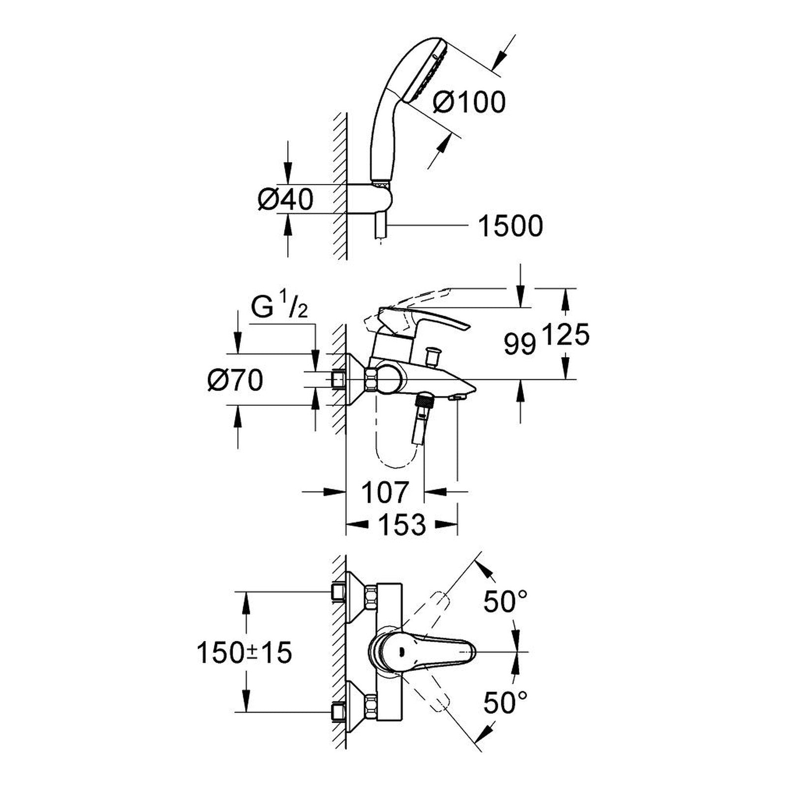 Maattekening Grohe Eurostyle badmengkraan