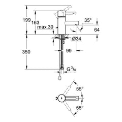 Maattekening Grohe Essence wastafelmengkraan S-Size