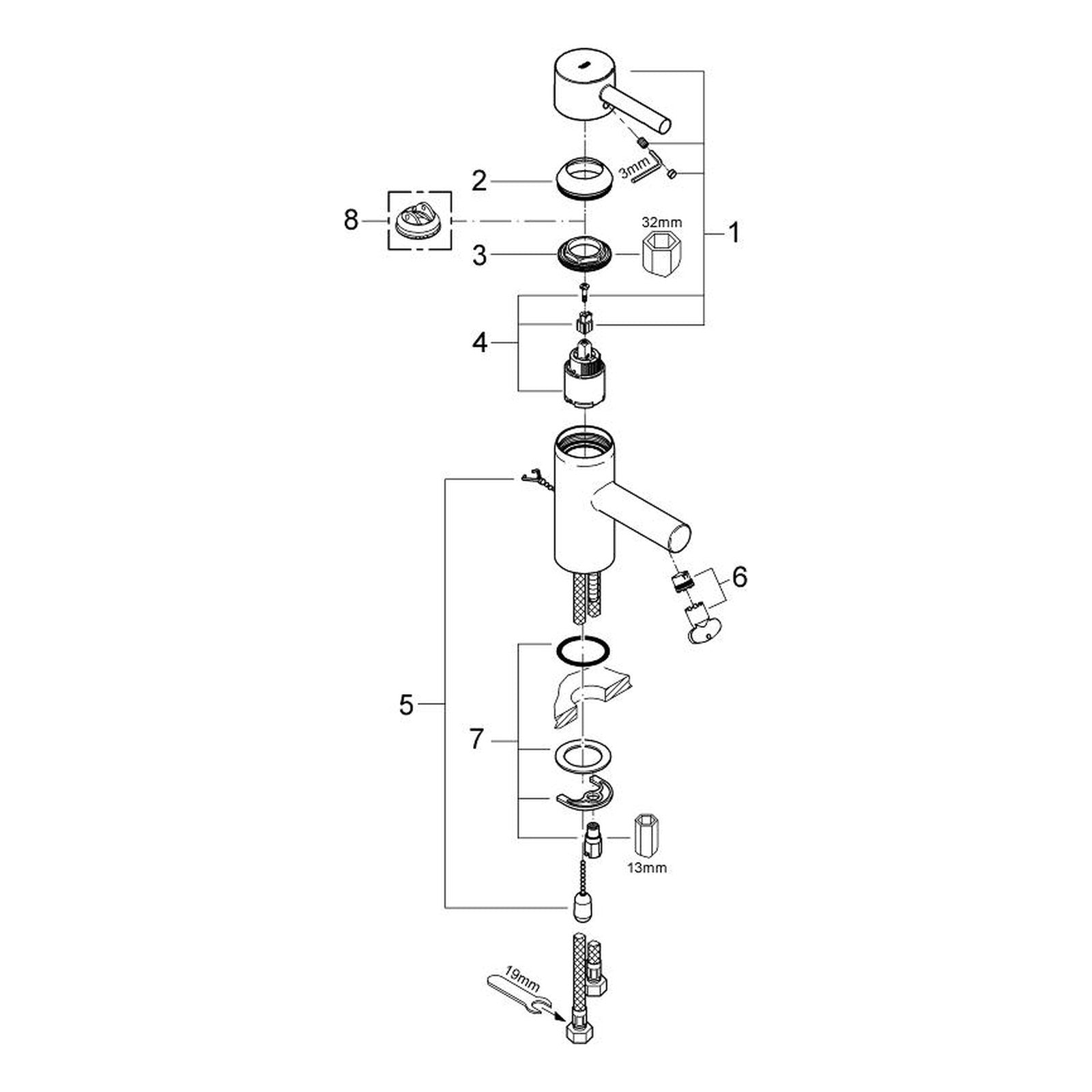 Onderdelentekening Grohe Essence wastafelmengkraan S-Size