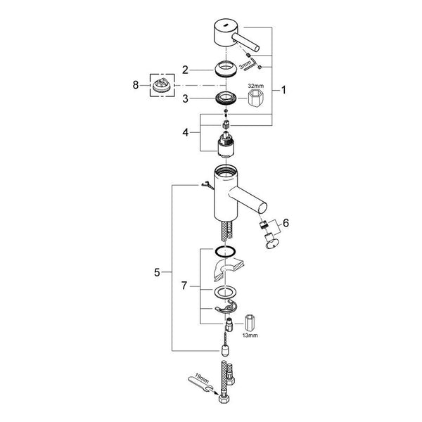Onderdelentekening Grohe Essence wastafelmengkraan S-Size