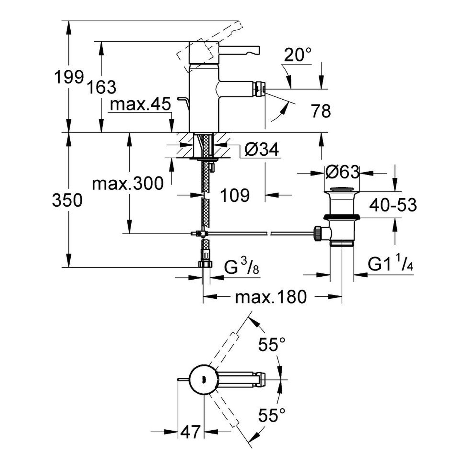 Maattekening Grohe Essence bidetmengkraan S-Size