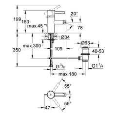 Maattekening Grohe Essence bidetmengkraan S-Size