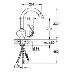 Maattekening Grohe Zedra keukenmengkraan