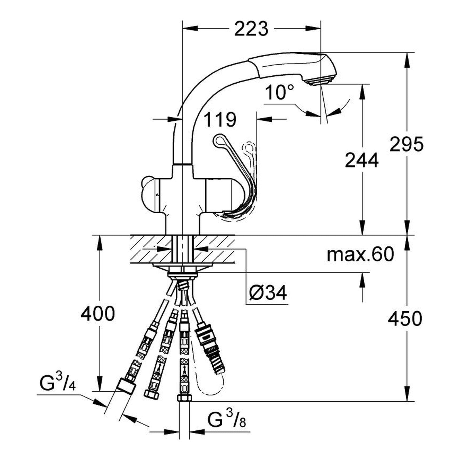 Maattekening Grohe Zedra keukenmengkraan