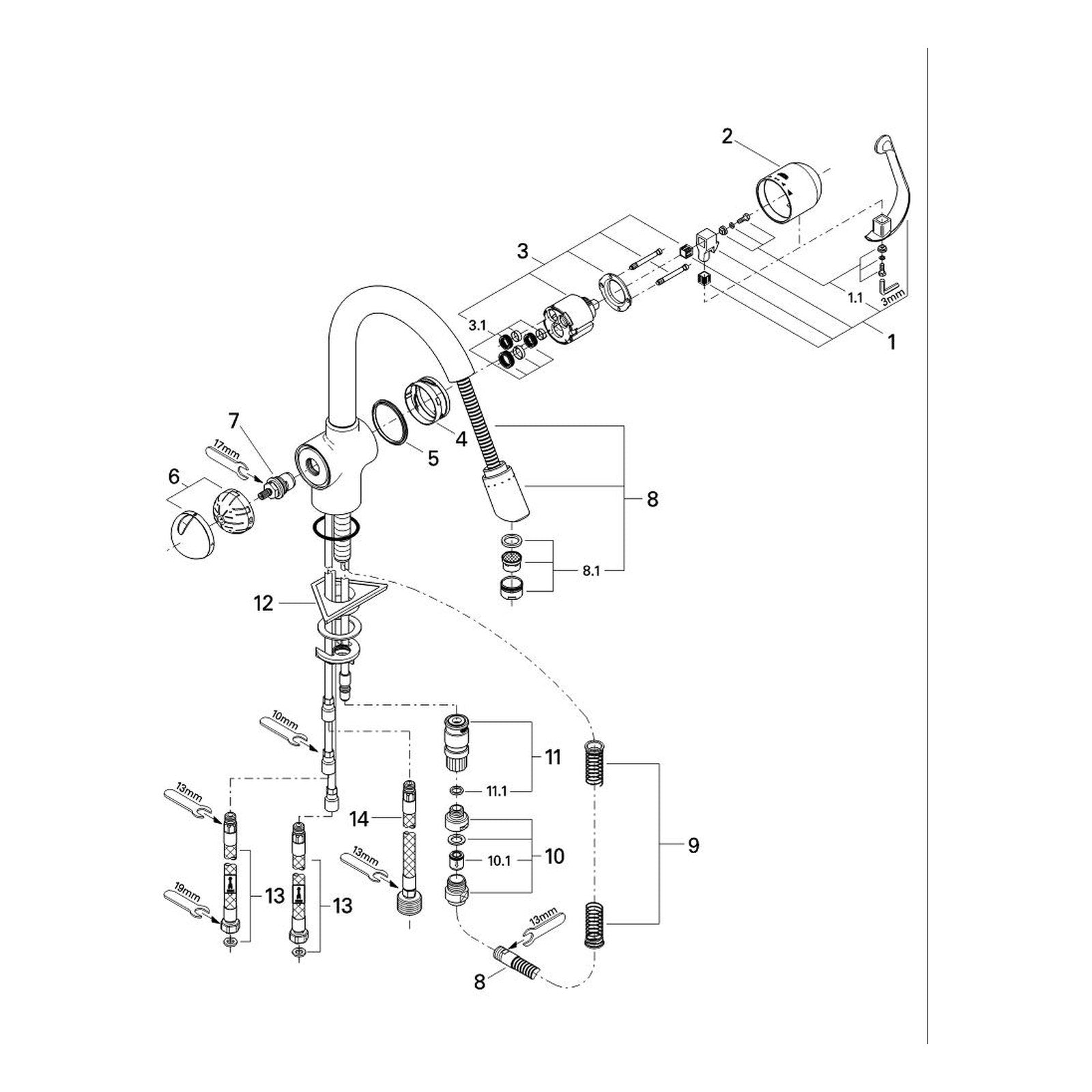Onderdelentekening Grohe Zedra keukenmengkraan 1995–1999