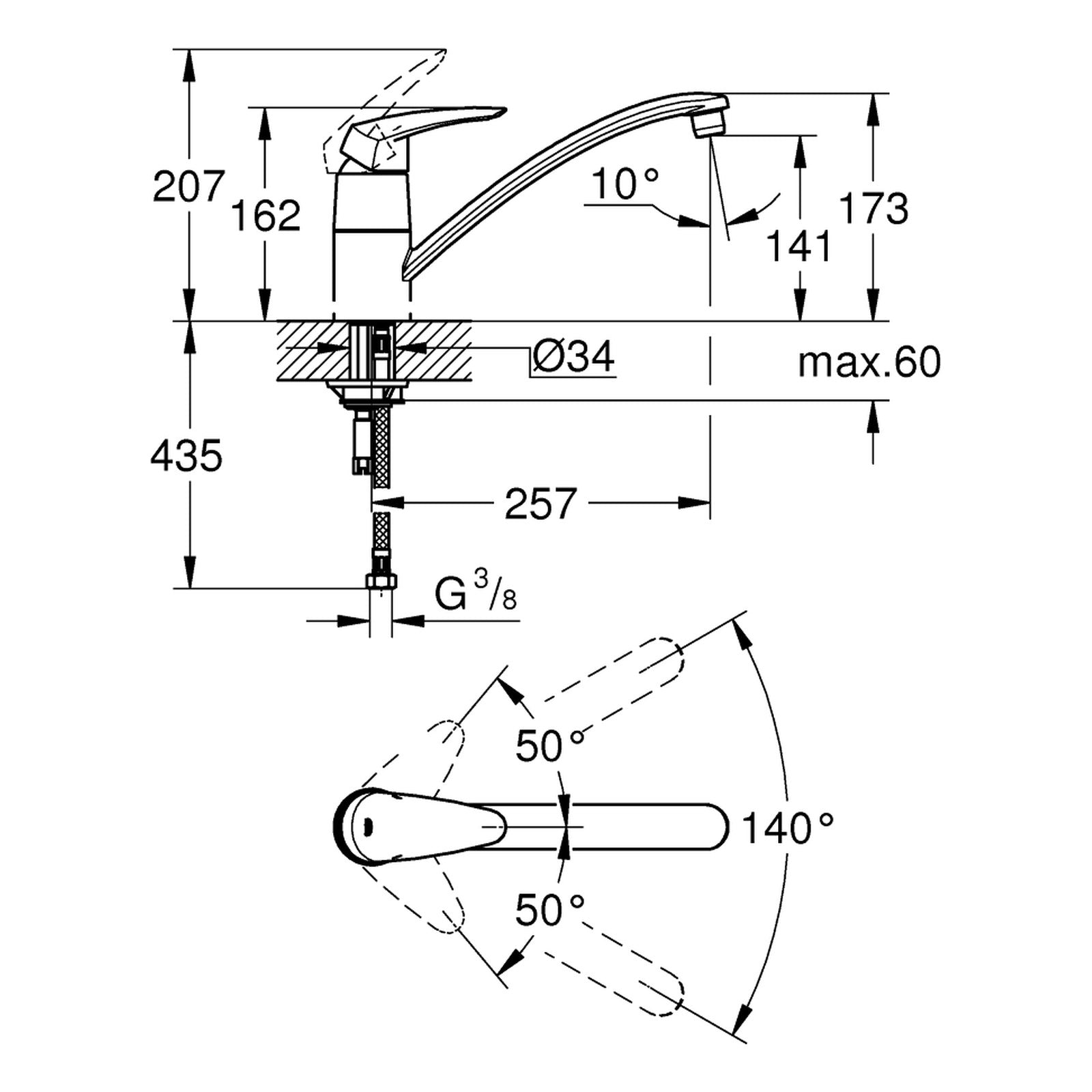 Maattekening Grohe Eurodisc keukenmengkraan