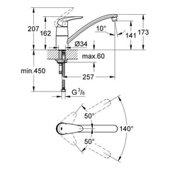 Maattekening Grohe Eurodisc keukenmengkraan