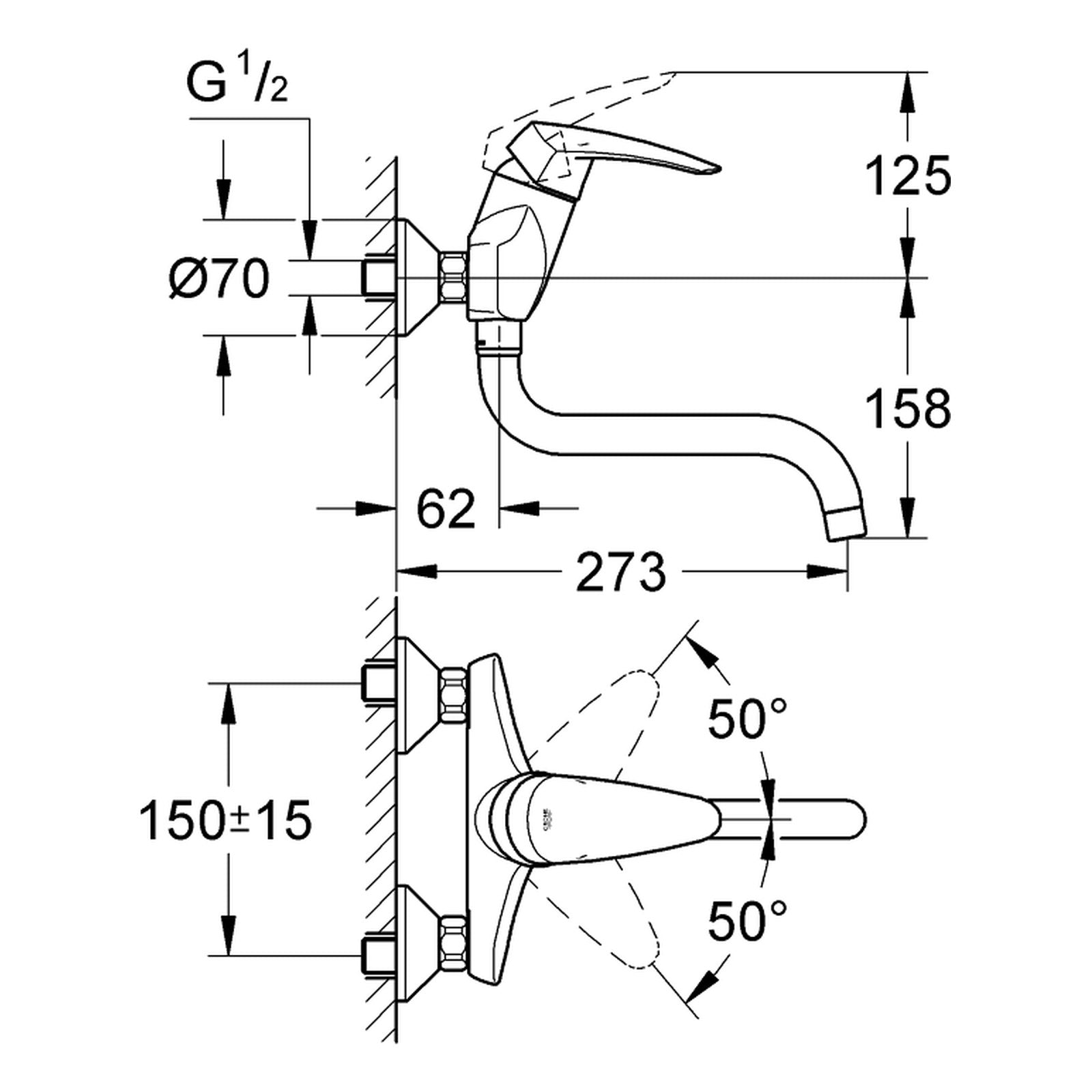Maattekening Grohe Eurodisc keukenmengkraan