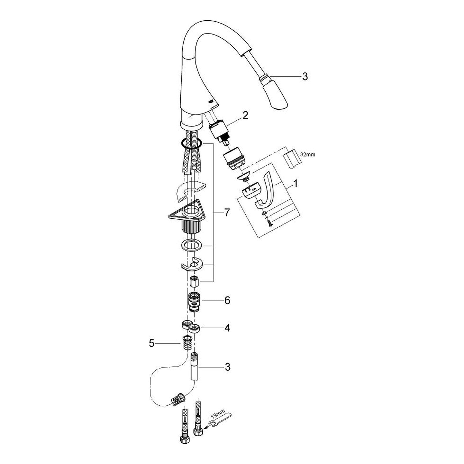 Onderdelentekening Grohe K4 keukenmengkraan 2005–2010