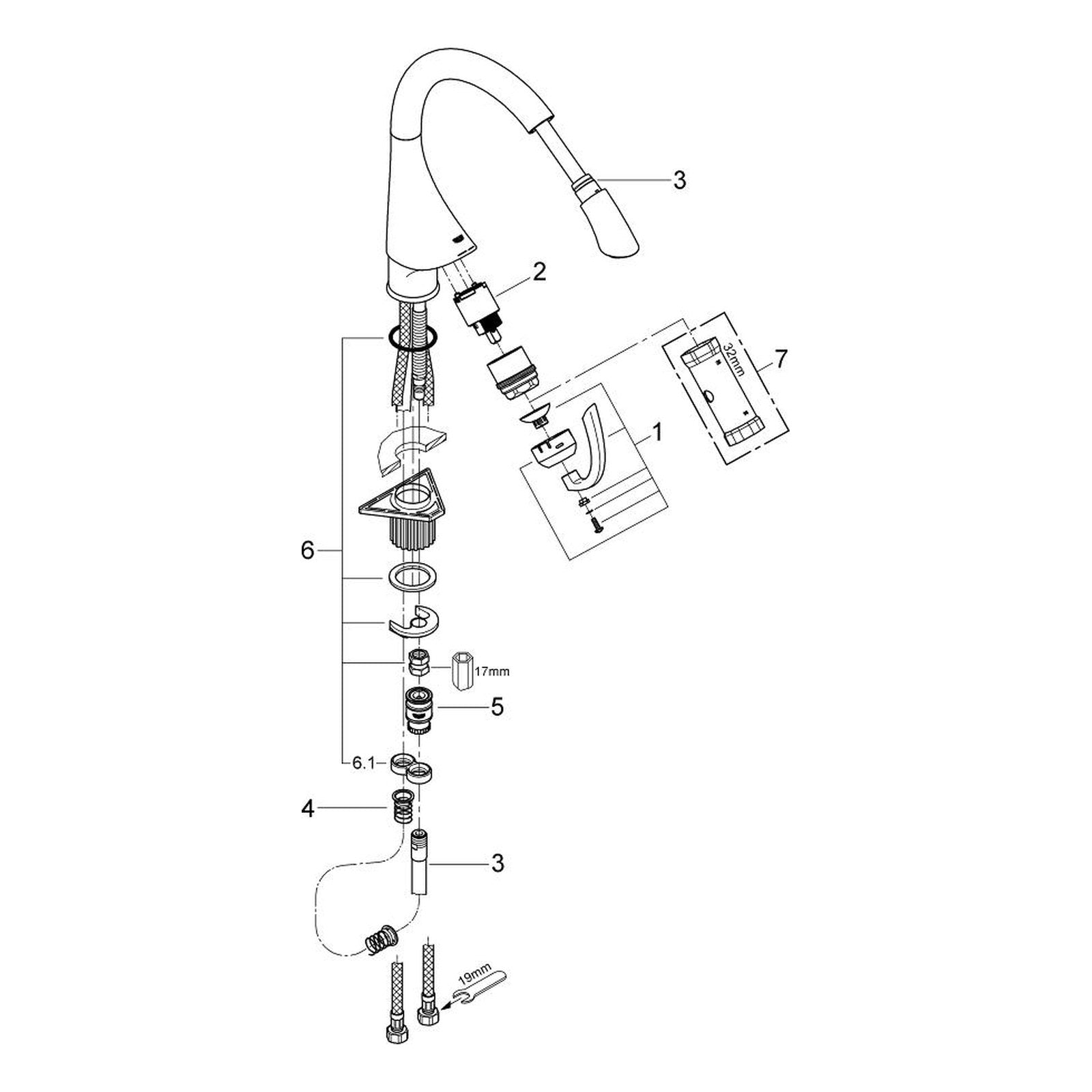 Onderdelentekening Grohe K4 keukenmengkraan 2010–2016
