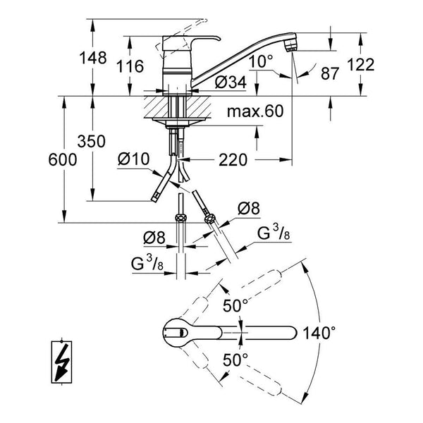 Maattekening Grohe Eurodisc displacement water heater for kitchen