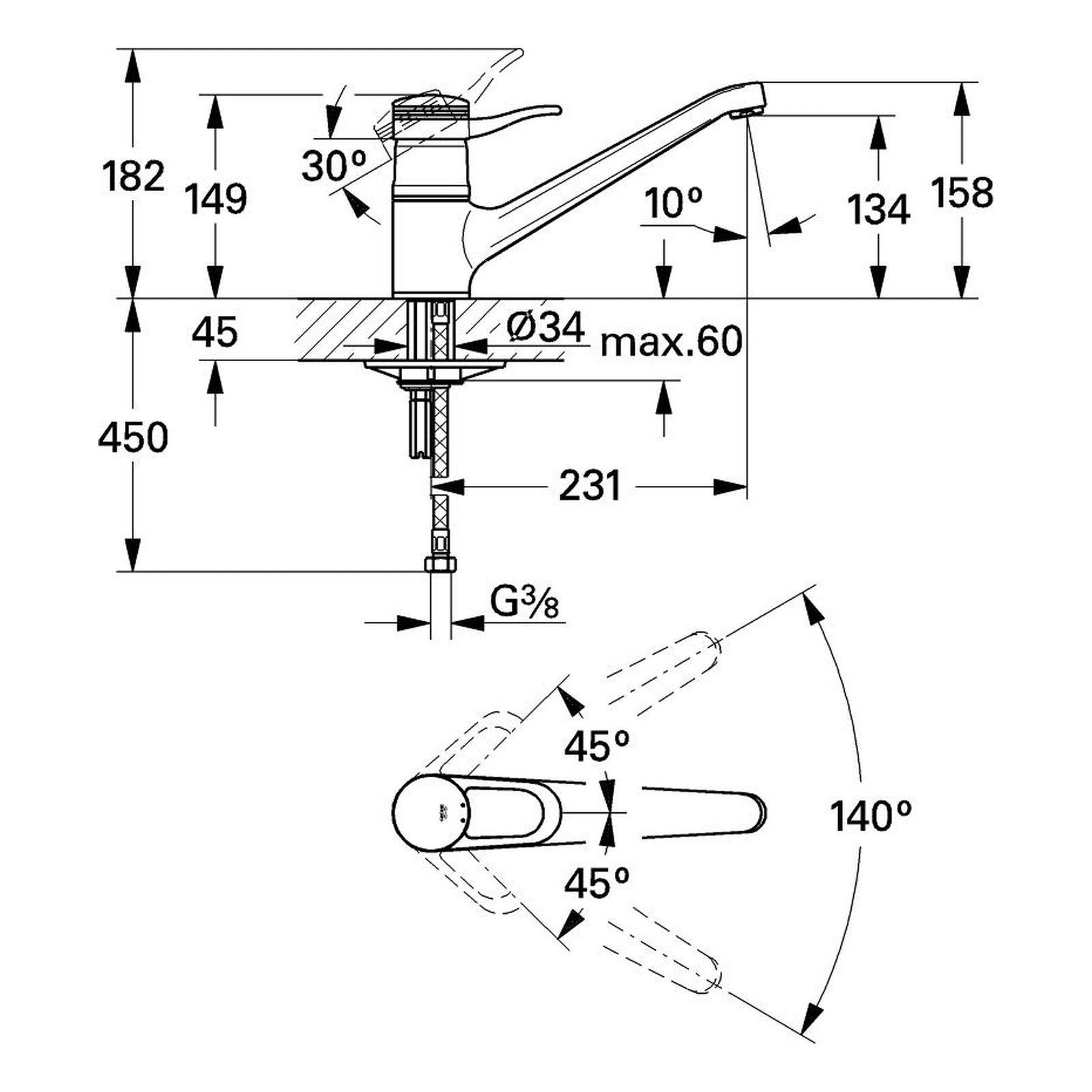 Maattekening Grohe Europlus keukenmengkraan