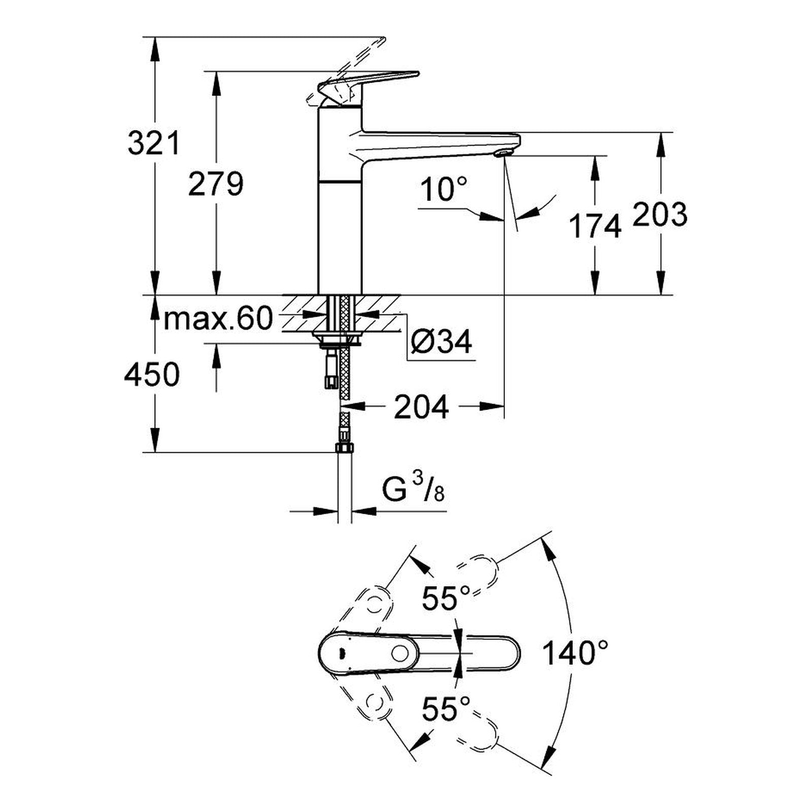 Maattekening Grohe Europlus keukenmengkraan