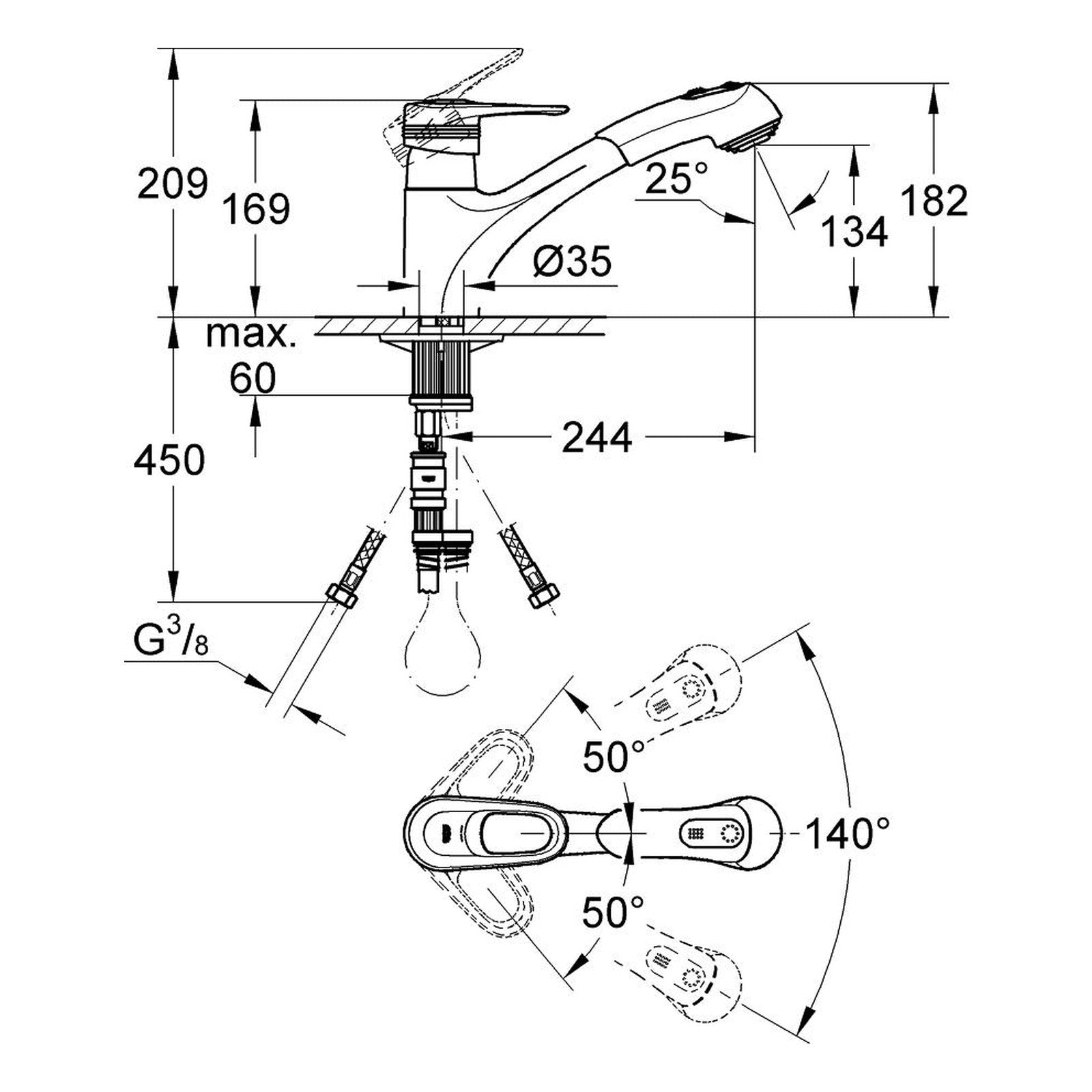 Maattekening Grohe Europlus keukenmengkraan