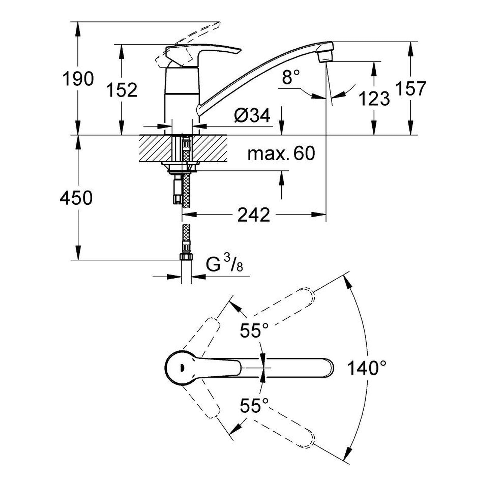 Maattekening Grohe Eurostyle keukenmengkraan