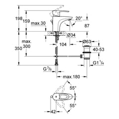 Maattekening Grohe Europlus wastafelmengkraan