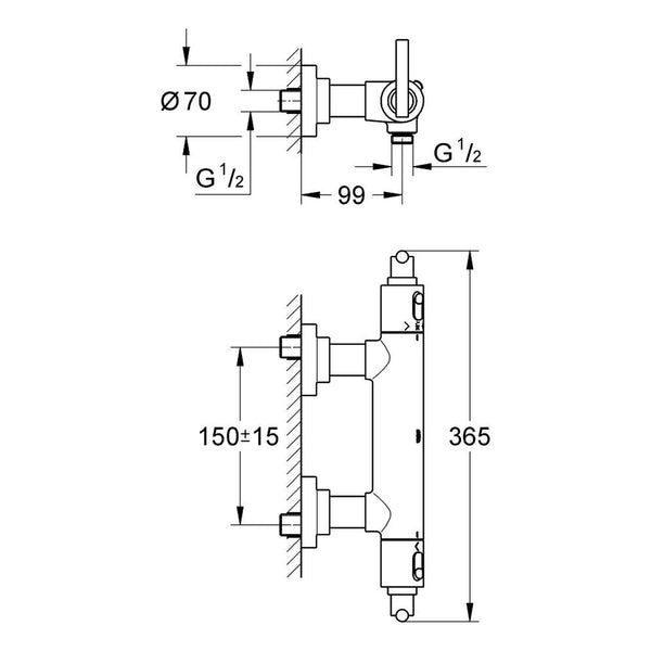 Maattekening Grohe Atrio thermostatische douchemengkraan
