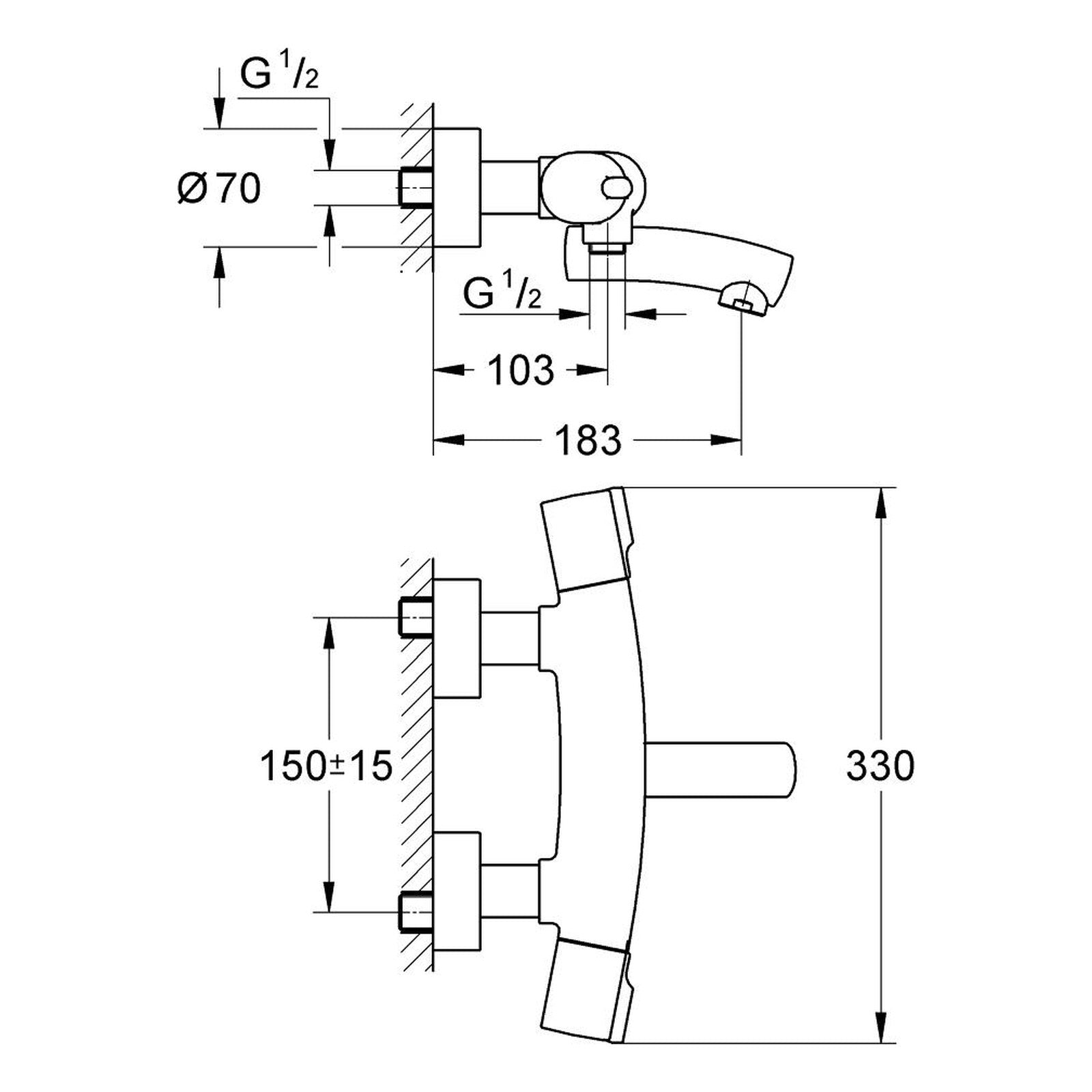 Maattekening Grohe Tenso thermostatische badmengkraan