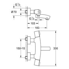 Maattekening Grohe Tenso thermostatische badmengkraan
