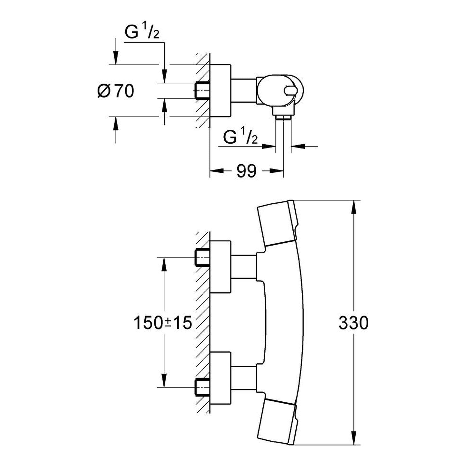 Maattekening Grohe Tenso thermostatische douchemengkraan