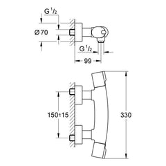 Maattekening Grohe Tenso thermostatische douchemengkraan