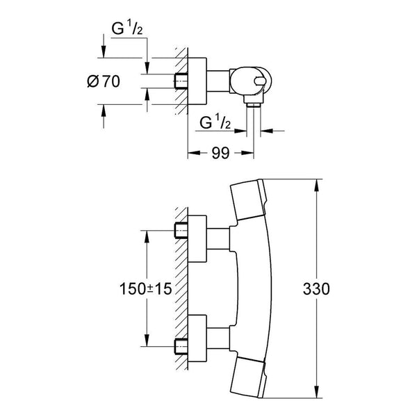 Maattekening Grohe Tenso thermostatische douchemengkraan