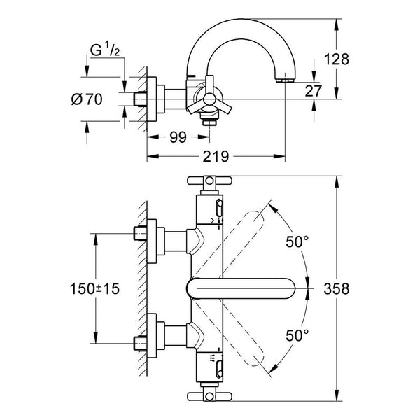 Maattekening Grohe Atrio thermostatische badmengkraan