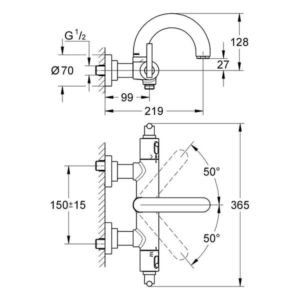 Maattekening Grohe Atrio thermostatische badmengkraan