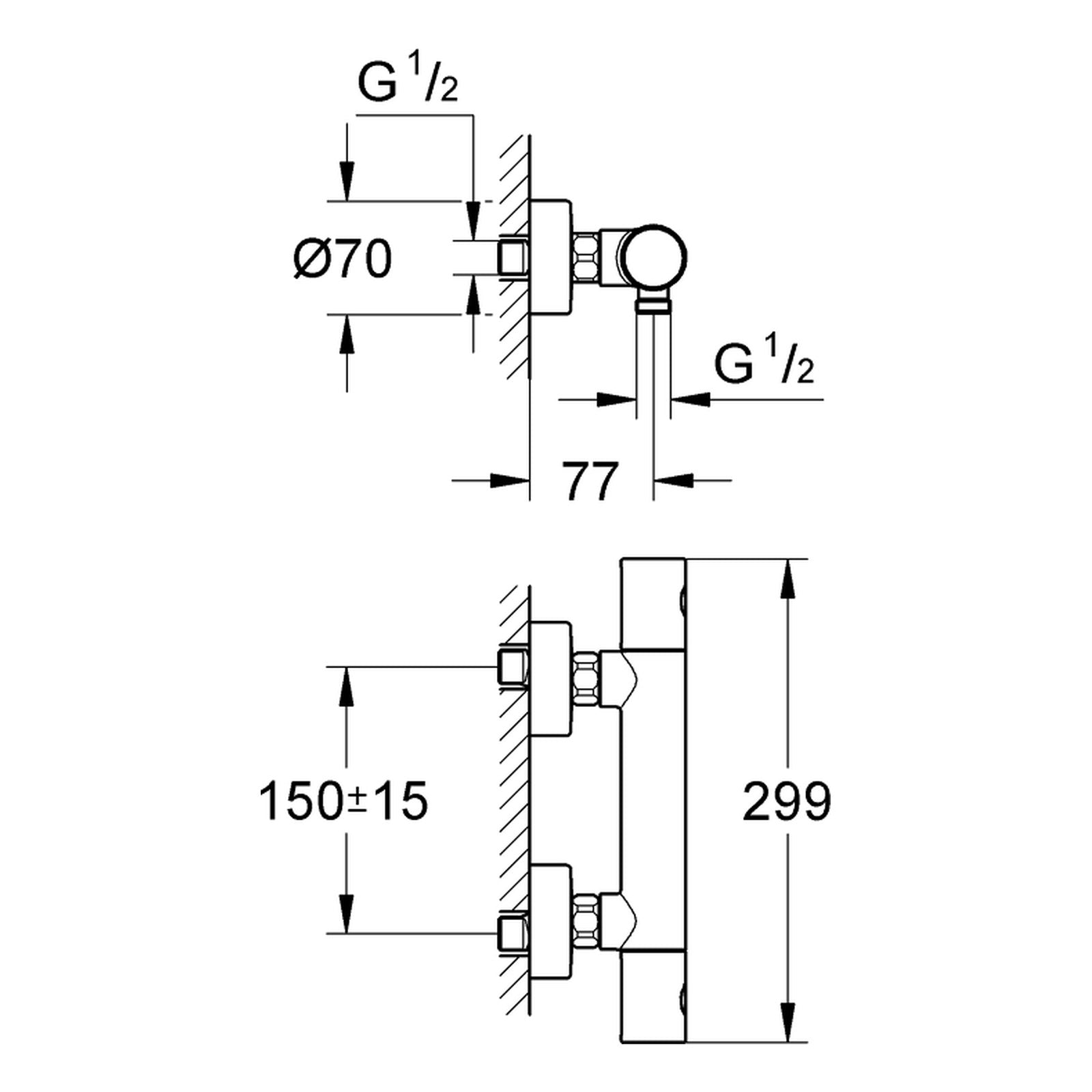 Maattekening Grohe Grohtherm 1000 Cosmopolitan thermostatische douchemengkraan