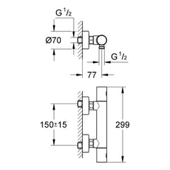 Maattekening Grohe Grohtherm 1000 Cosmopolitan thermostatische douchemengkraan