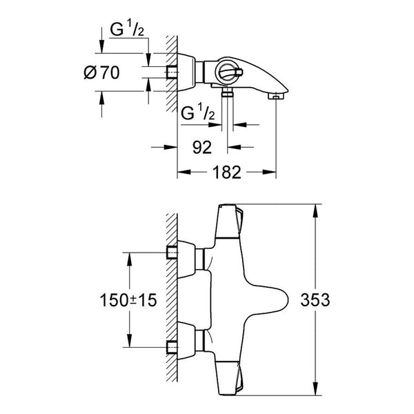 Maattekening Grohe Chiara thermostatische badmengkraan