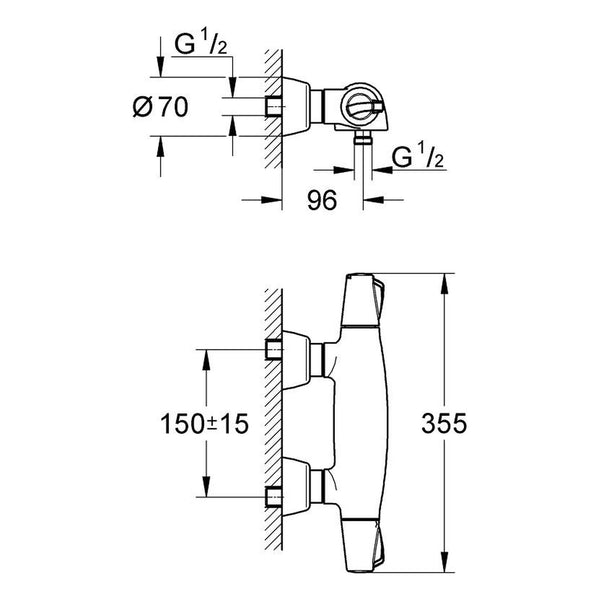Maattekening Grohe Chiara thermostatische douchemengkraan
