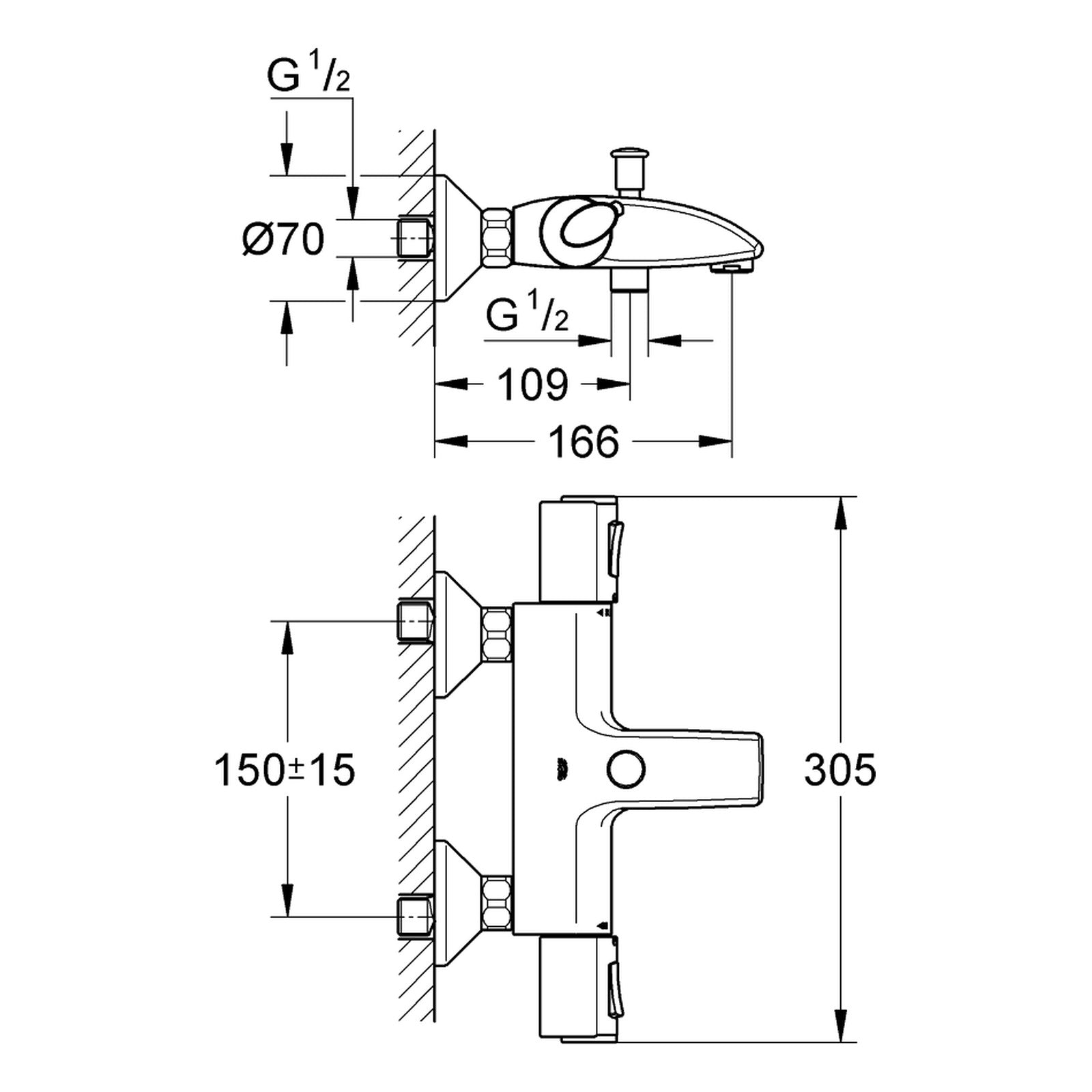 Maattekening Grohe Grohtherm 1000 thermostatische badmengkraan
