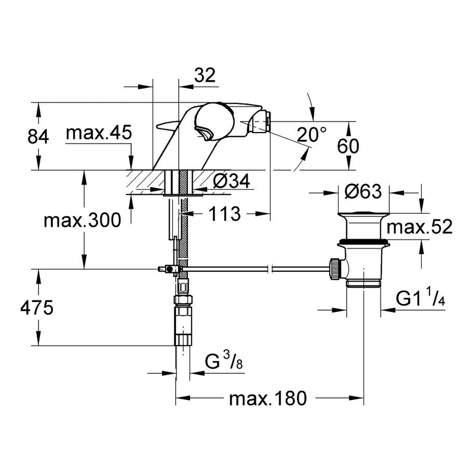 Maattekening Grohe Taron bidet-thermostaat 1/2