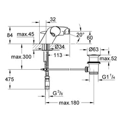 Maattekening Grohe Taron bidet-thermostaat 1/2
