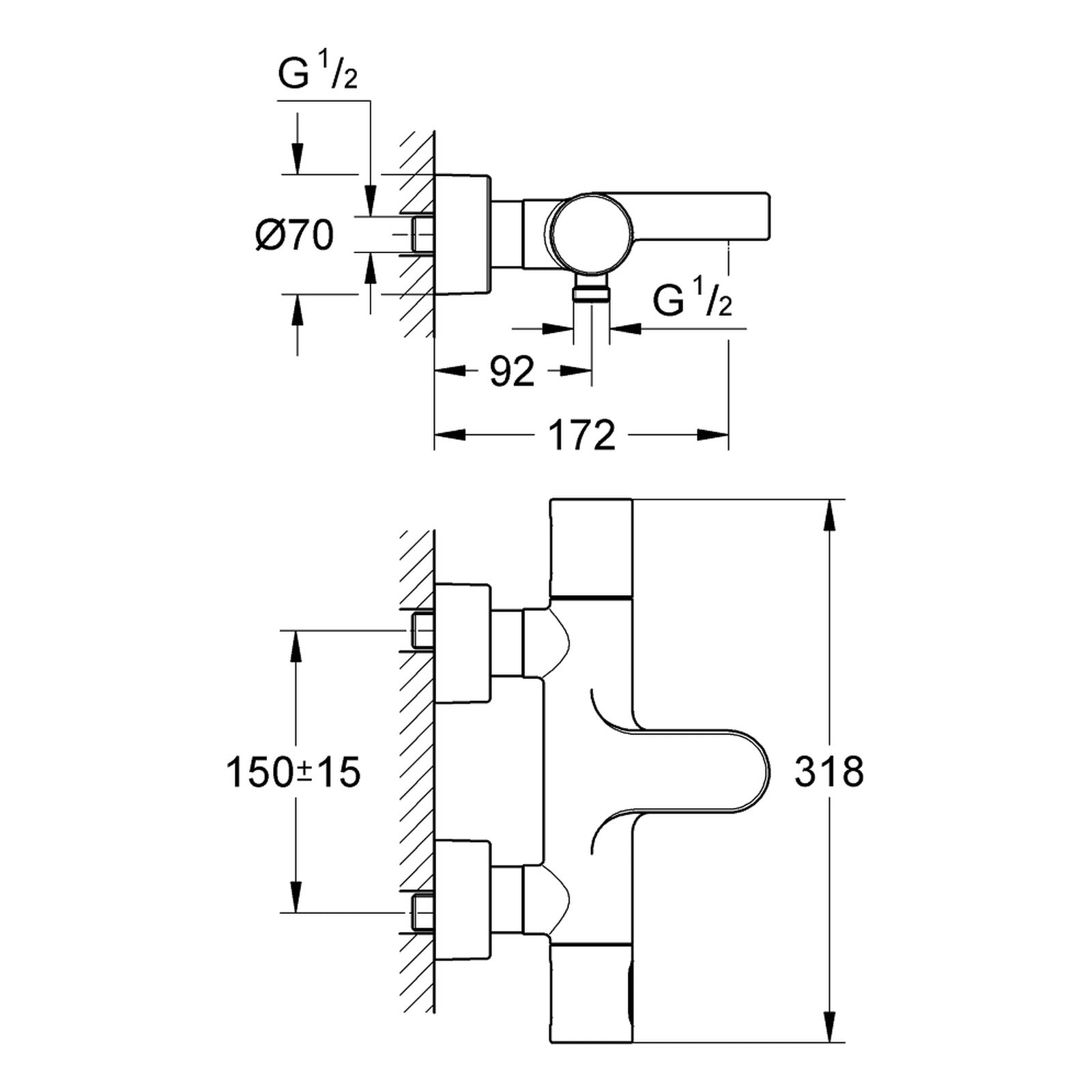 Maattekening Grohe Grohtherm 3000 Cosmopolitan thermostatische badmengkraan
