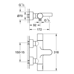 Maattekening Grohe Grohtherm 3000 Cosmopolitan thermostatische badmengkraan