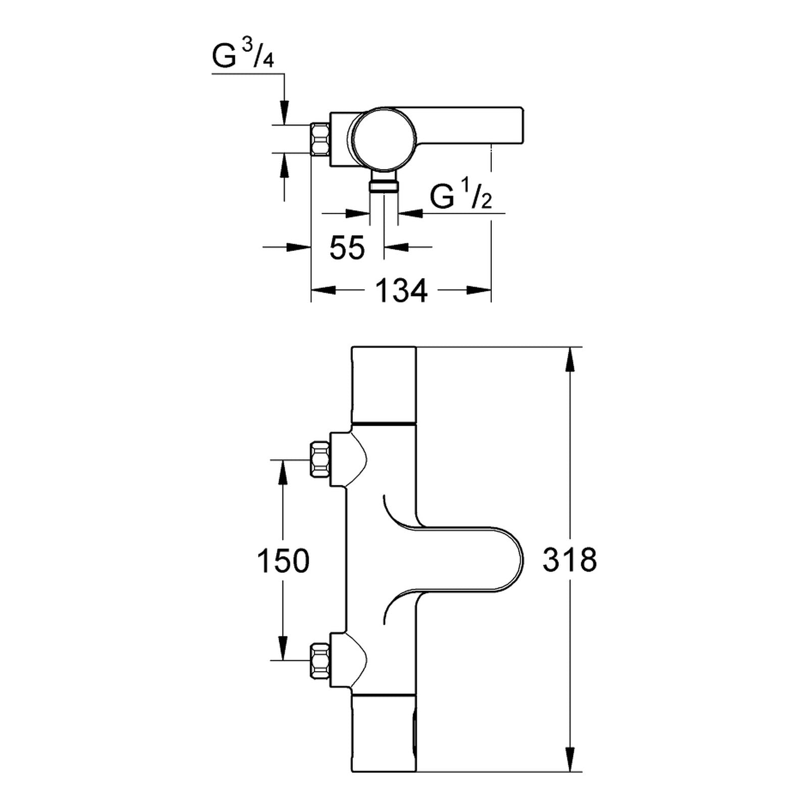 Maattekening Grohe Grohtherm 3000 Cosmopolitan thermostatische badmengkraan