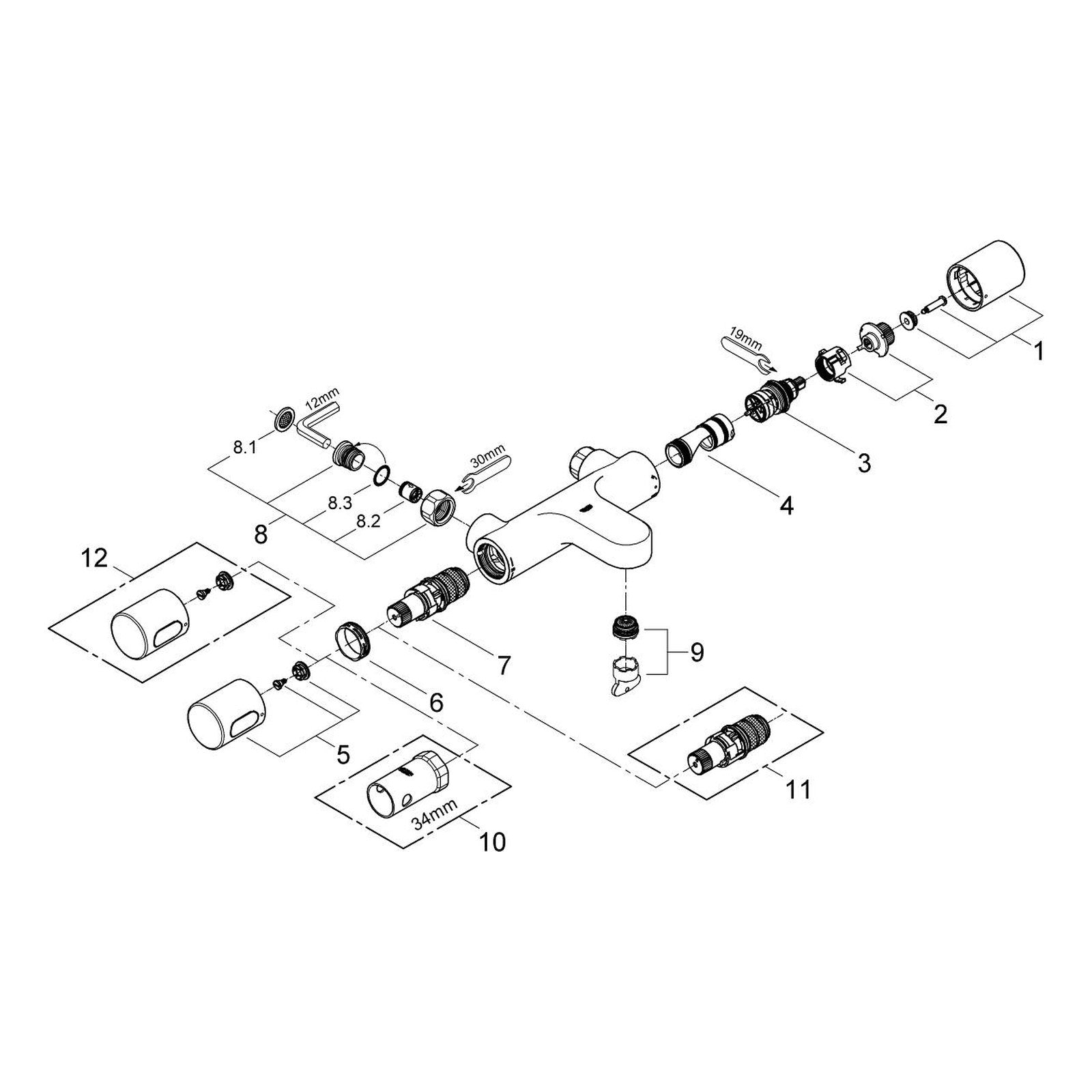 Onderdelentekening Grohe Grohtherm 3000 Cosmopolitan thermostatische badmengkraan 2007–2009