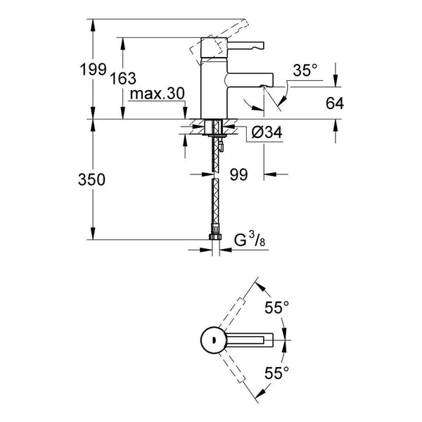Maattekening Grohe Essence wastafelmengkraan S-Size