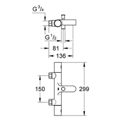 Maattekening Grohe Grohtherm 1000 Cosmopolitan thermostatische badmengkraan