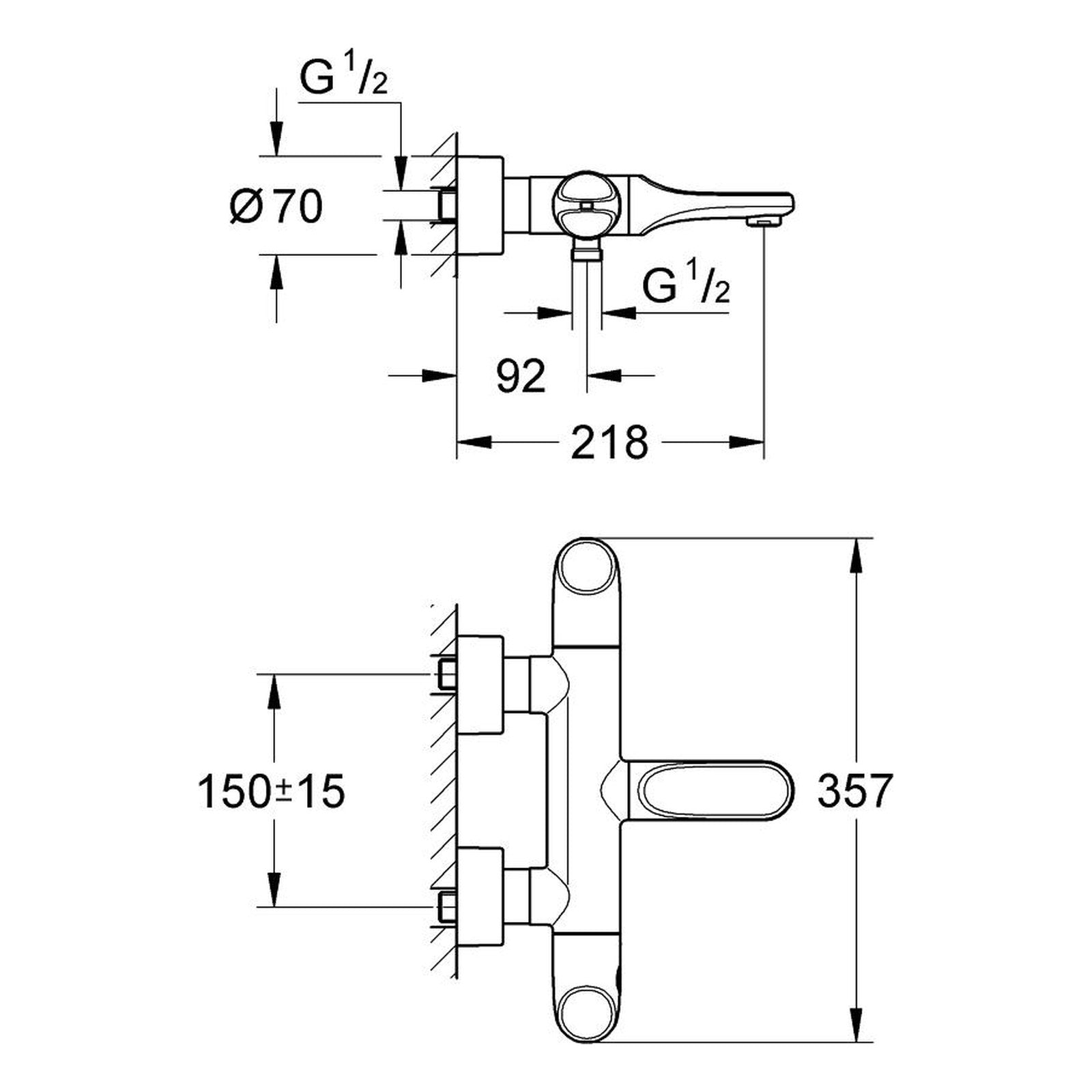 Maattekening Grohe Veris thermostatische badmengkraan