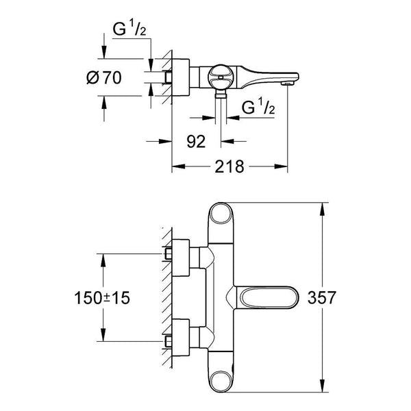 Maattekening Grohe Veris thermostatische badmengkraan