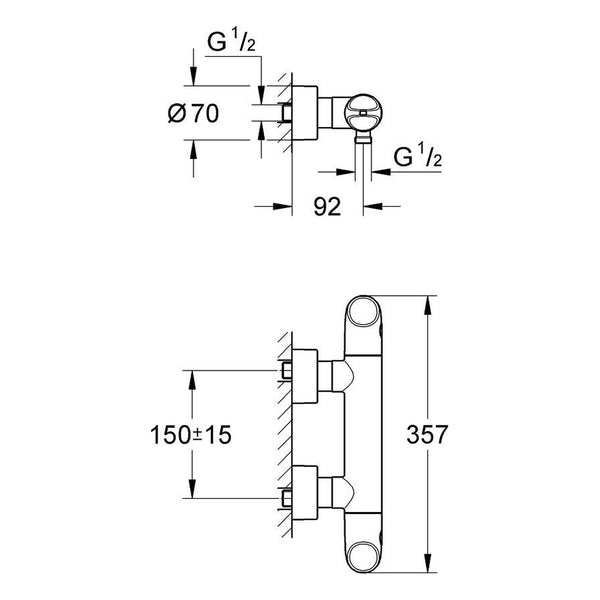 Maattekening Grohe Veris thermostatische douchemengkraan