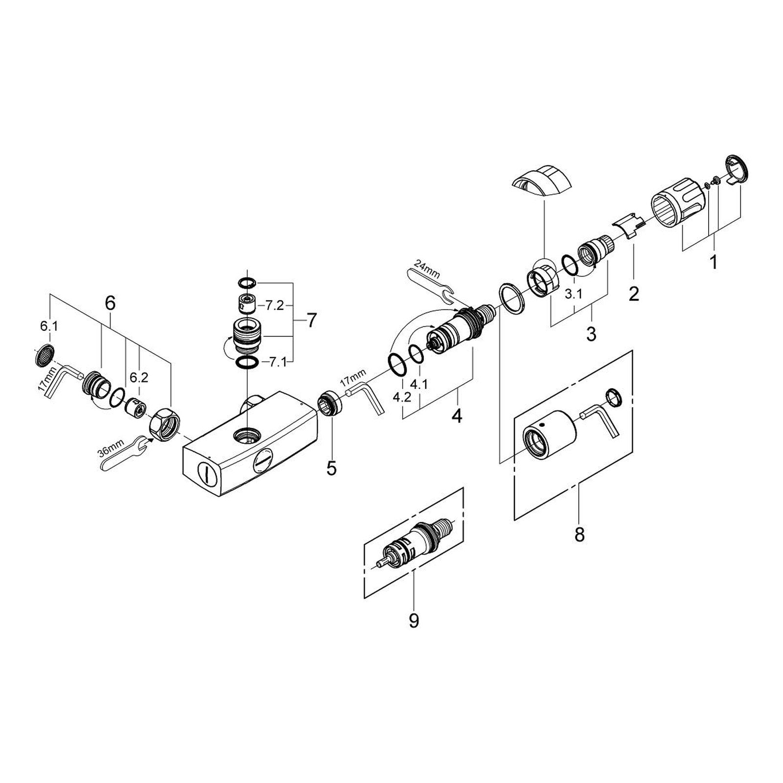Onderdelentekening Grohe Automatic 2000 Compact centraalthermostaat 3/4