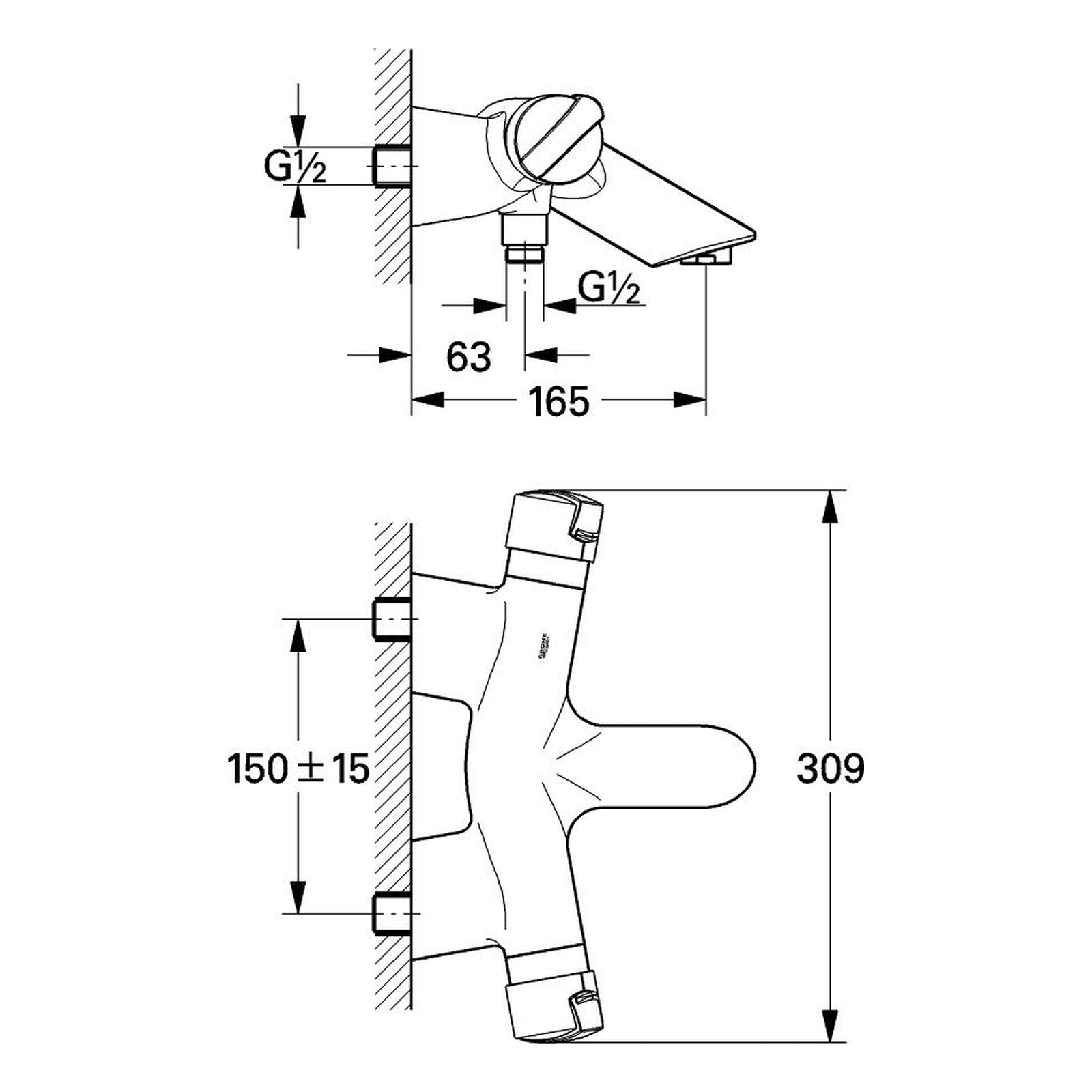 Maattekening Grohe Ectos thermostatische badmengkraan