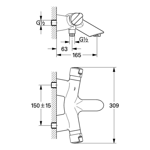 Maattekening Grohe Ectos thermostatische badmengkraan